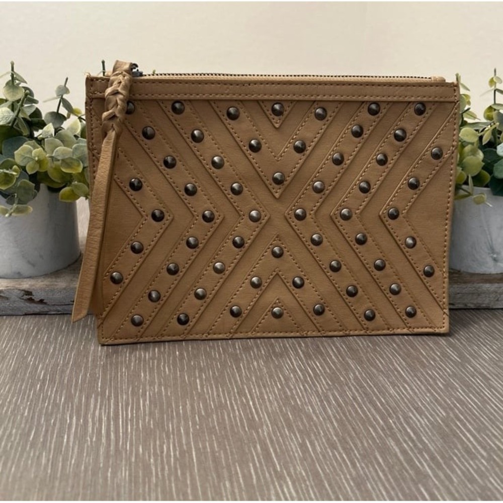 BCBGeneration The Starstruck Clutch camel studded faux leather material
